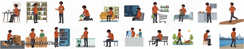 Flat Detailed Lifestyle Set of Man Doing Daily Activities Illustration