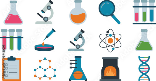 Colorful flat vector icon set of chemistry lab equipment including beakers microscopes test tubes atom models and scientific research tools