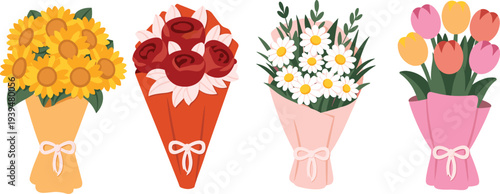 Colorful flat vector illustration set of beautiful flower bouquets including sunflowers roses daisies and tulips for gift design