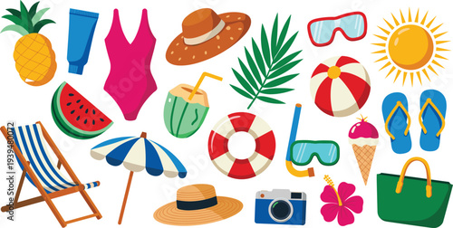 Colorful flat vector illustration set of summer beach vacation essentials including swimwear sunglasses beach ball umbrella and tropical fruit