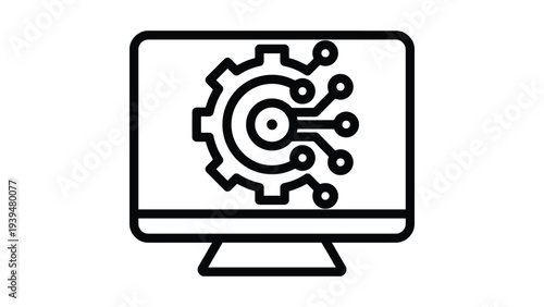 Modern computer monitor displaying intricate digital gear and network icons.