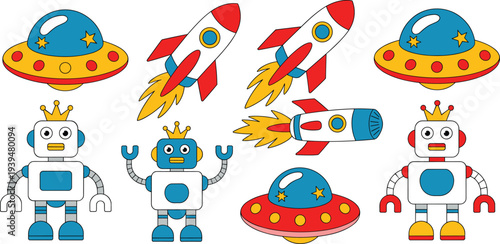 Colorful flat vector illustration set of friendly robots space rockets and ufo flying saucers for kids education and science fiction design