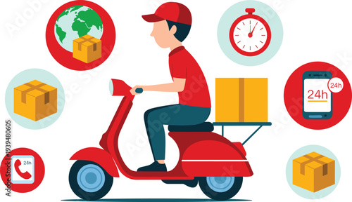 Delivery man riding red scooter with cardboard box for fast shipping service and logistics 24h courier concept flat vector illustration