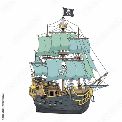 Pirate Ship Sailing Vessel with Jolly Roger.