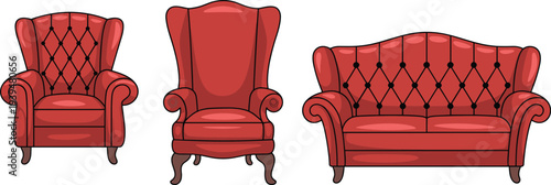 Elegant red tufted furniture vector set featuring vintage wingback armchairs and a classic luxury sofa with leather textures