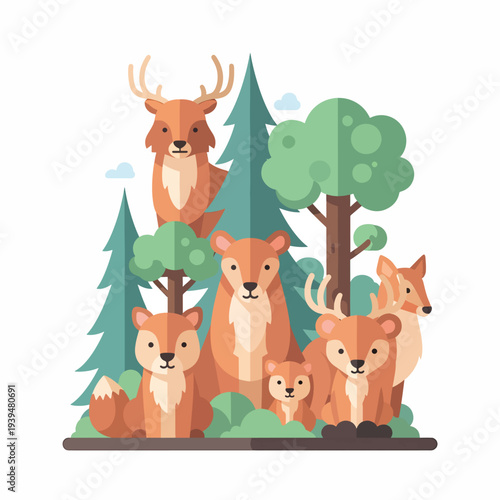 Cartoon Deer and Fox Family Illustration.