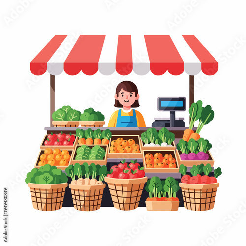 Woman Selling Fresh Produce at Market Stall.