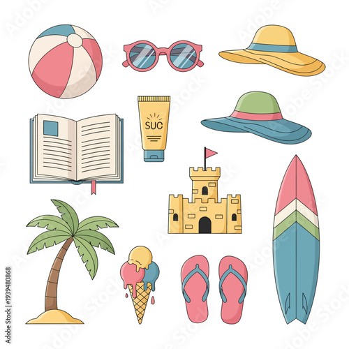 Collection of Summer Beach Vacation Items.