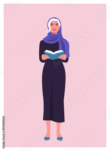 Modern flat vector full-length illustration of a senior Muslim woman wearing a purple hijab and a modest dark dress, standing and reading a book. Learning, Islamic culture, wisdom, religion