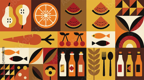 Vibrant food and drink icons in colorful geometric patterns