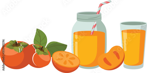 Fresh organic persimmon fruit and orange juice vector set with mason jar and glass for healthy breakfast branding designs