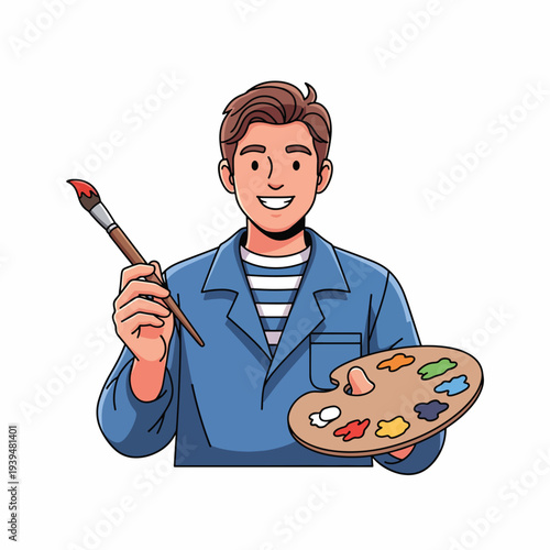 Cartoon Artist Holding Paintbrush and Palette.