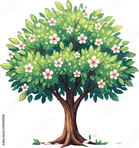 Football field green tree with white flowers and brown trunk