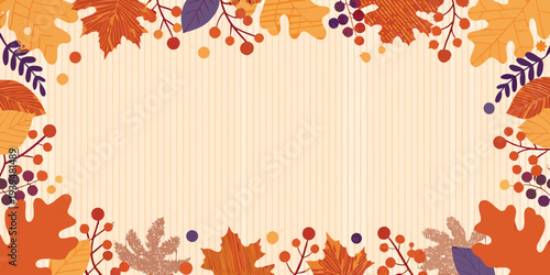 Autumnal frame featuring falling leaves berries and a striped background