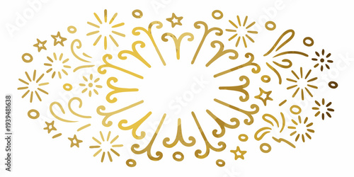Golden ornamental design featuring abstract shapes and celestial motifs
