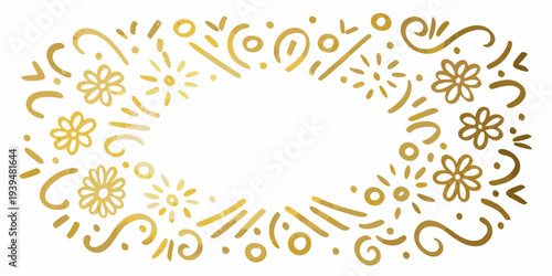 Golden floral and abstract shapes forming an oval frame design