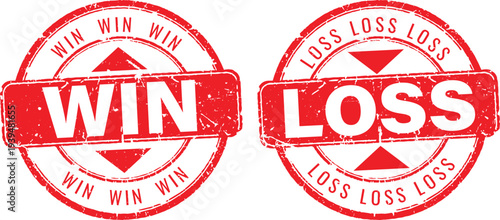 Win and loss red rubber stamp set with grunge texture for game results and achievements