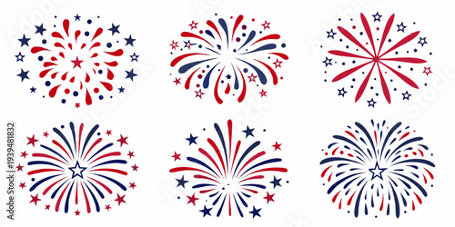 A collection of colorful firework displays in red white and blue