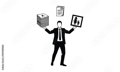 Businessman juggling work and family life symbolizing balance