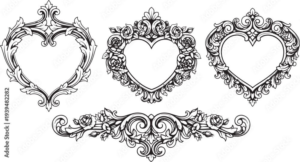 Fototapeta premium Intricately designed heart-shaped frames and ornate borders, showcasing floral and foliage patterns in a detailed black and white illustration