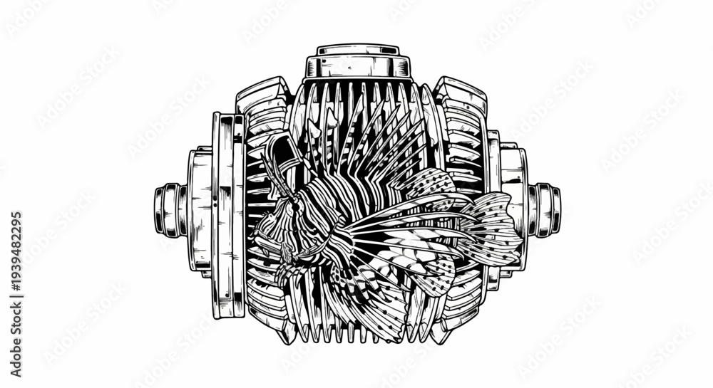 Obraz premium A striking black and white illustration combines a detailed lionfish with mechanical gears