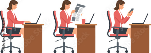 Minimal line art vector of a businesswoman working at desk with laptop, reviewing documents, using smartphone in office setting