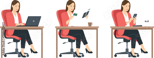 Minimal line art vector of a businesswoman working at desk with laptop, reviewing documents, using smartphone in office setting
