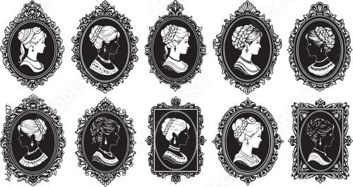 Collection of ornate black and white framed portraits showcasing various female profiles from different eras and styles