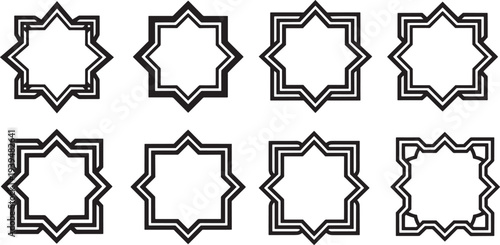 A collection of eight-pointed star shapes in various designs and arrangements on a clean background