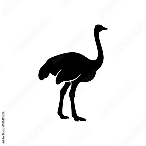 Ostrich silhouette standing alone in white background, black bird