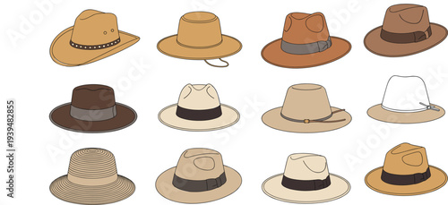 Minimalist thin line art vector illustration of classic fashion fedora hats and panama headwear for urban style apparel design