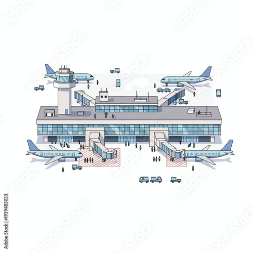 Airport Terminal with Planes and Control Tower.