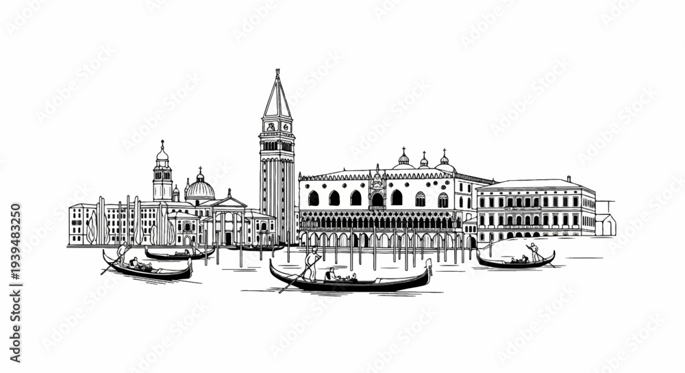 Fototapeta premium Black and white line art sketch of Venetian canal with gondolas and historic buildings