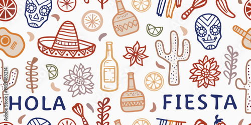 A colorful pattern of traditional mexican imagery and festive elements