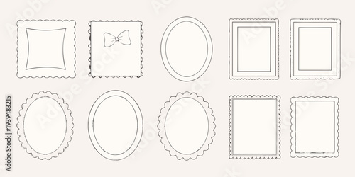 Collection of hand drawn frames and decorative borders in a neutral tone