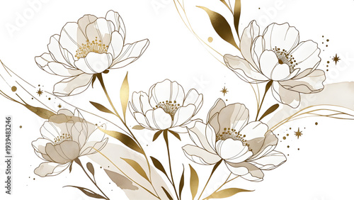Elegant Minimalist Floral Illustration with Gold Leaves and Delicate Line Art