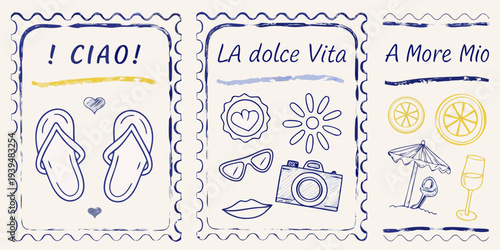 Italian summer postcard collection with travel icons and handwritten text