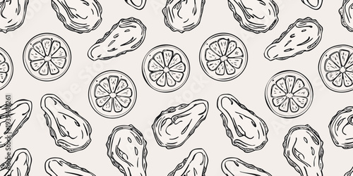 A repeating pattern of hand drawn oysters and citrus fruit slices