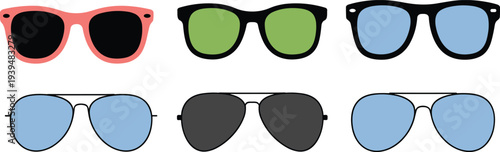 Modern eyewear vector set featuring trendy wayfarer and aviator sunglasses with colorful frames and tinted lenses for summer