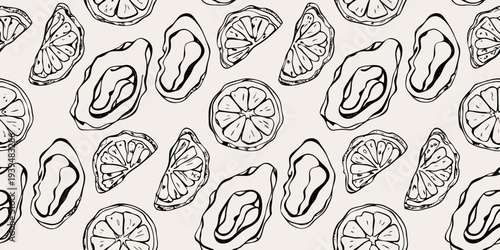 A repeating pattern of citrus fruit and oyster shell illustrations