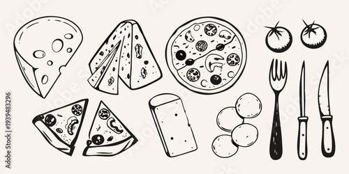 A collection of hand drawn illustrations featuring pizza cheese and tomatoes