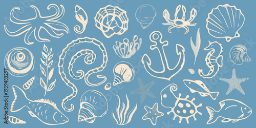 Collection of marine life and nautical elements in a sketched style