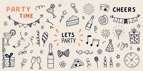 Celebratory doodles and hand drawn elements for a party theme