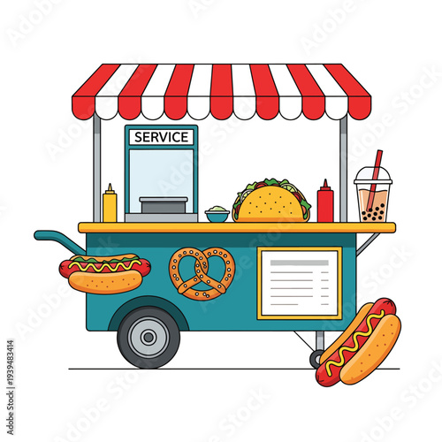 Colorful Food Cart with Various Snacks.