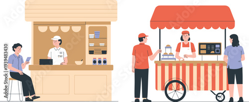 Modern flat illustration set featuring street food stalls with vendors serving customers at a local outdoor market marketplace