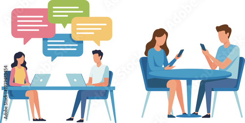 Modern flat illustration set featuring people using laptops and smartphones for digital communication and social networking