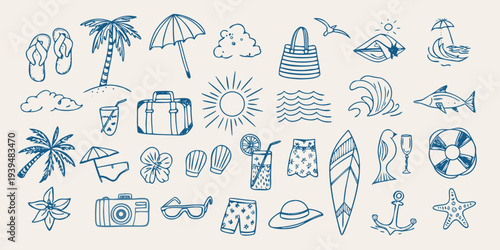 Collection of hand drawn beach and summer themed doodles in blue