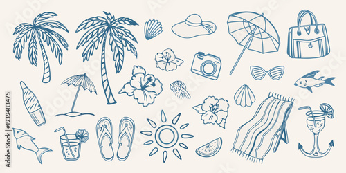 A collection of hand drawn summer vacation and tropical themed illustrations