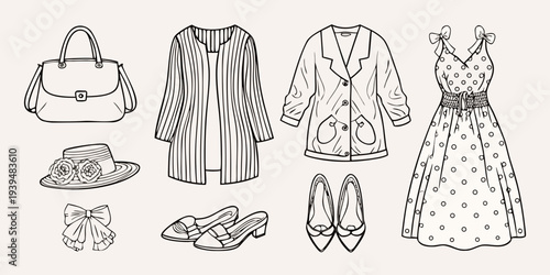 Fashionable clothing and accessories arranged in a simple linear illustration