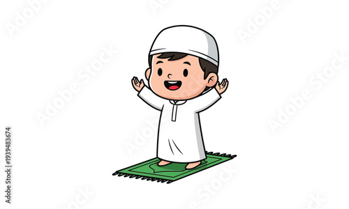 Muslim boy praying on prayer mat wearing white traditional clothing